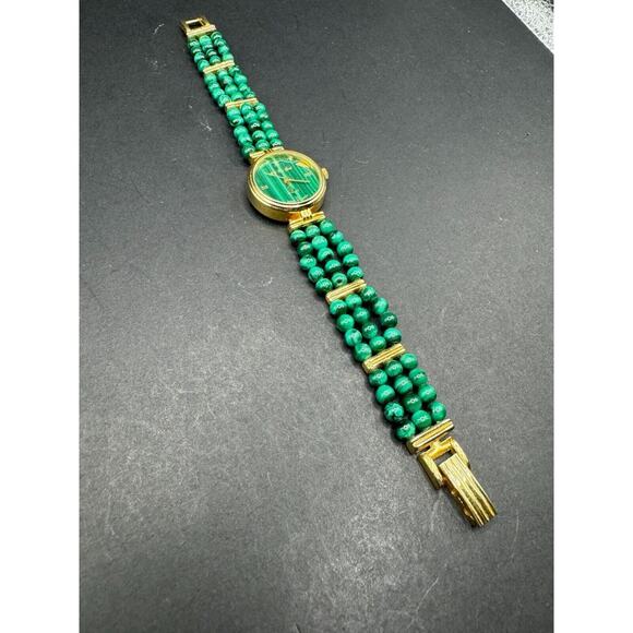 Vintage Art by God Malachite Gemstone Gold Tone Quartz Watch Beaded Band Working